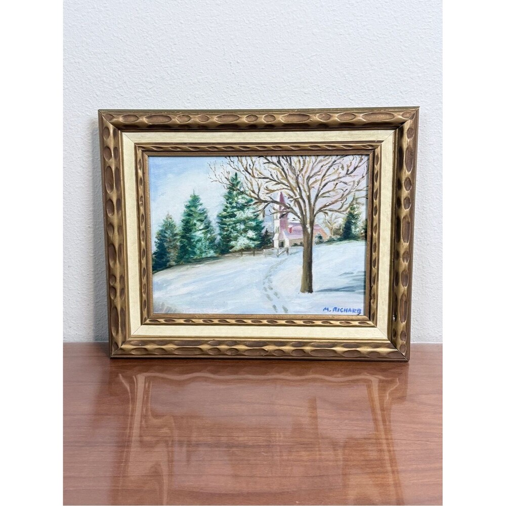 Vintage Winter Church Landscape 9x12 Acrylic Painting Gold Frame Artist Signed